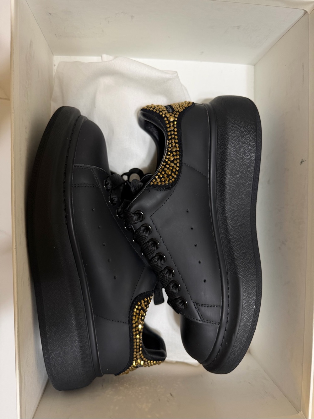 Alexander McQueen Black Leather Sneakers with Gold Stud Detail